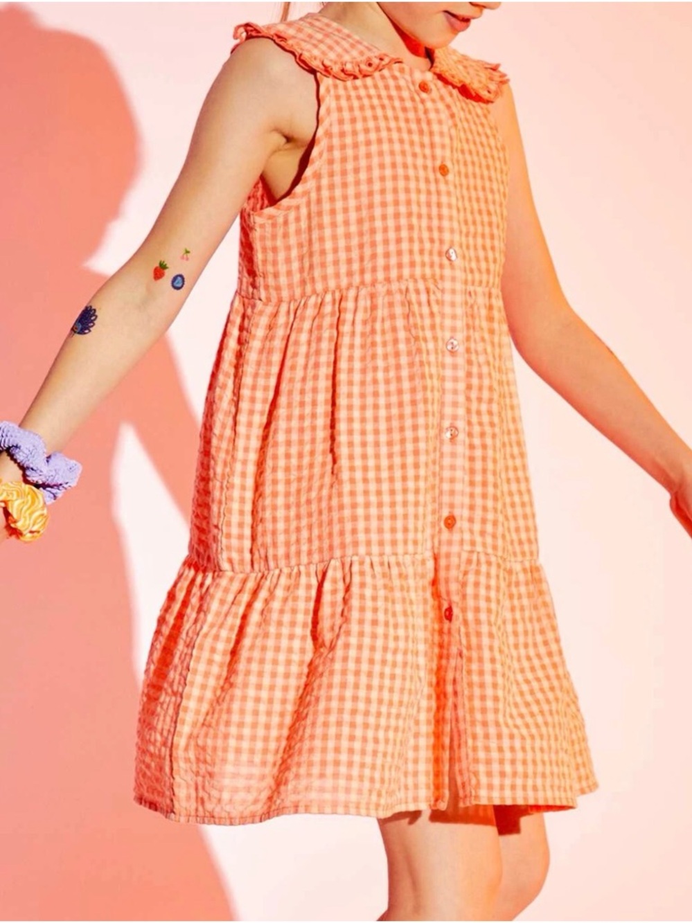 Zara Peach Check Gingham Sleeveless Tiered Dress